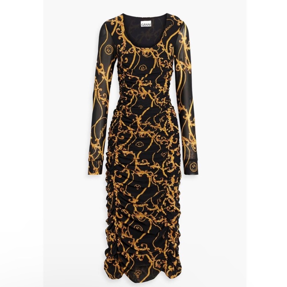 Ganni 40 US 8 Rope‎ Mesh Gathered Dress Black Gold Long Sleeve Ruch Side